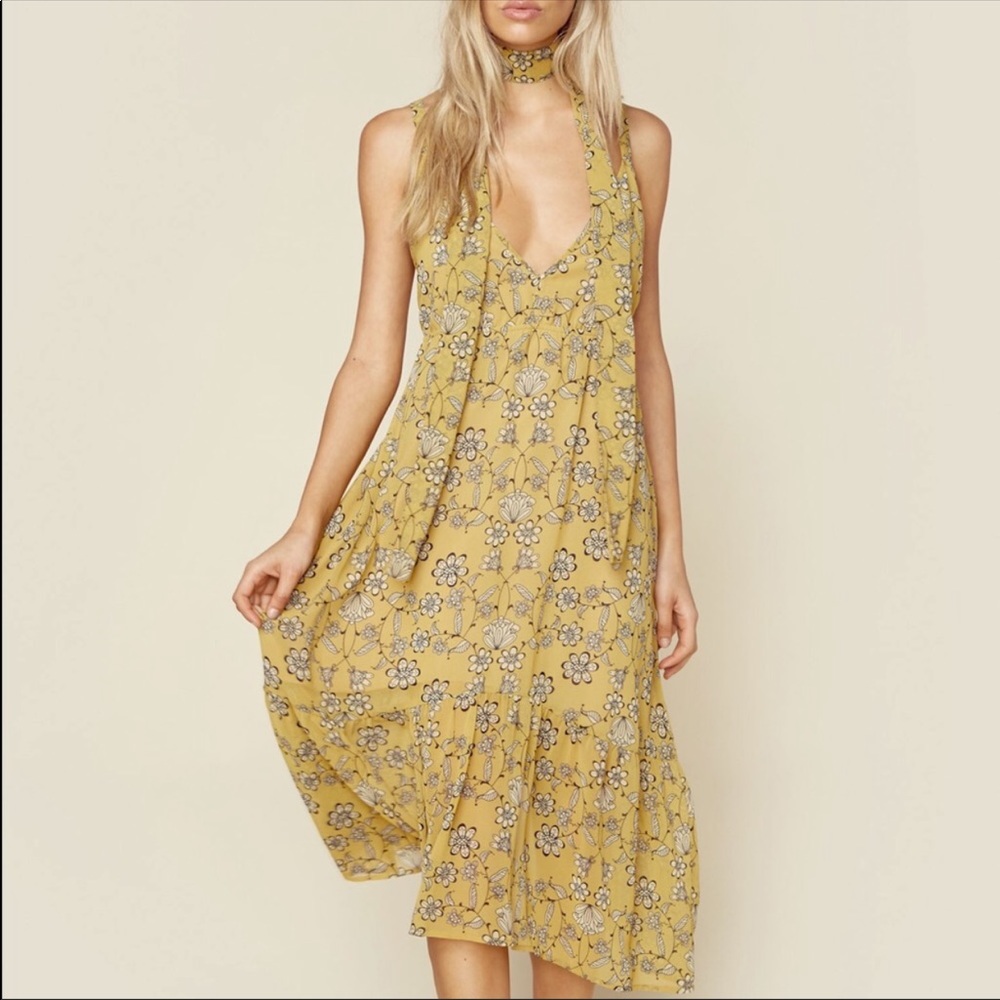 For Love and Lemons Mustard Pia Floral MIDI Dress